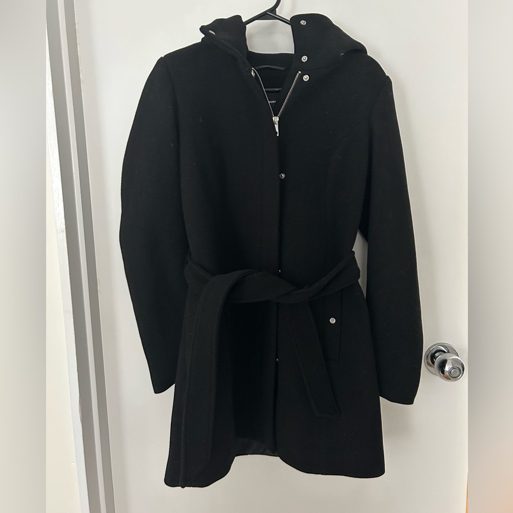 Black dressy jacket. With a belt, hood and pockets